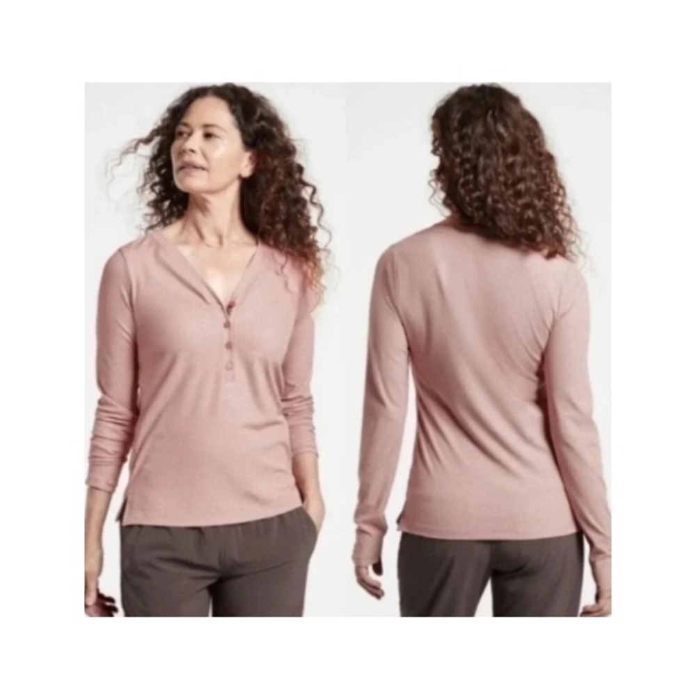 Athleta Uptempo Ribbed Henley Palermo Top XL Pink Long Sleeve Athleisure